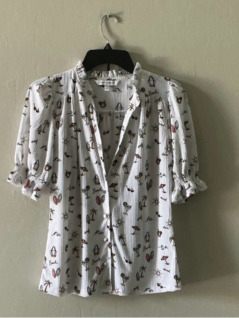 Emily Daniels Beach Vacation Novelty Print Ruffle Button-Down Blouse - Size S